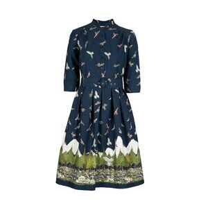 NWT Palava Cynthia in Navy Birds of Prey Belted Cotton Shirt Dress UK 8 / US 4